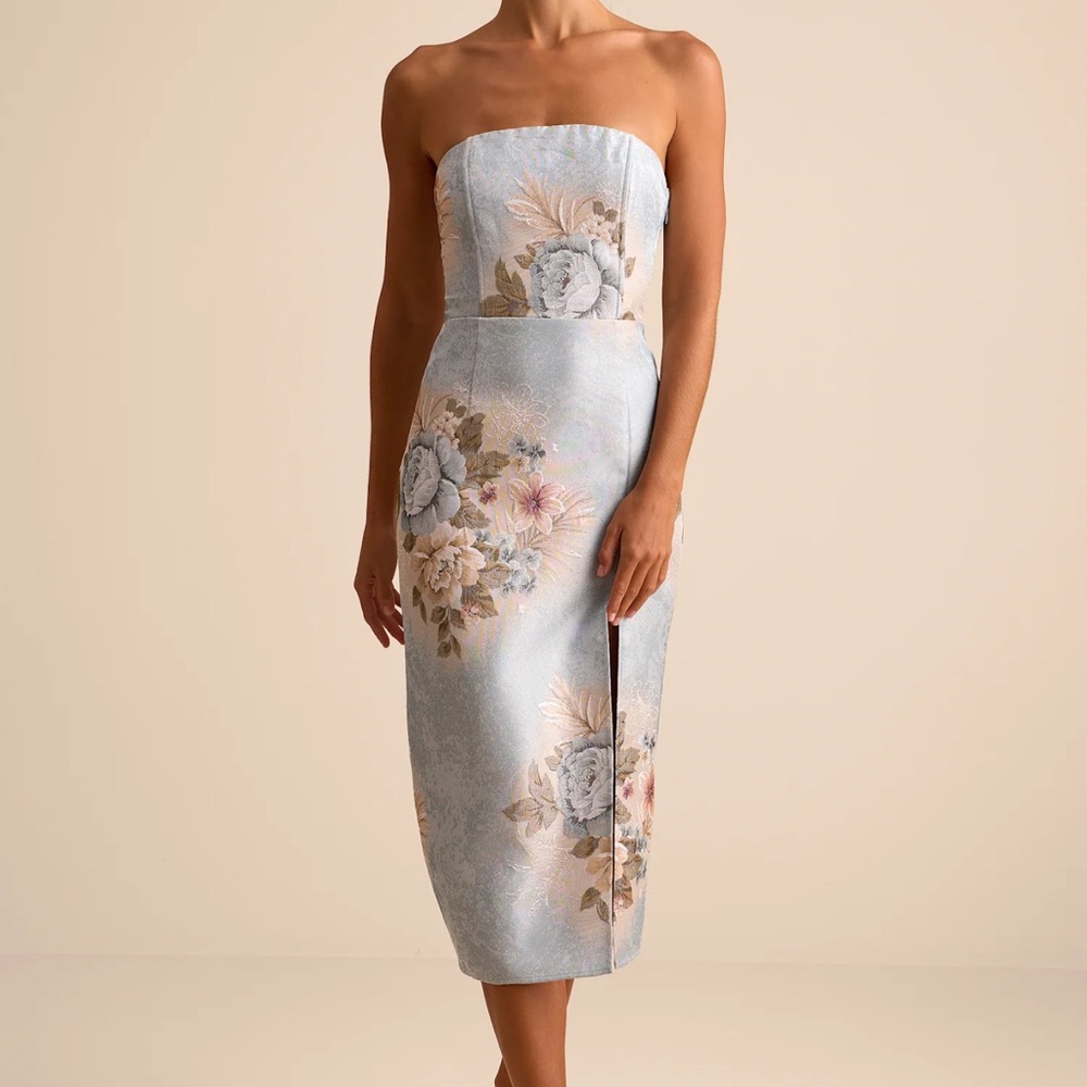 Lulu's Powder Blue Strapless Floral Midi Dress